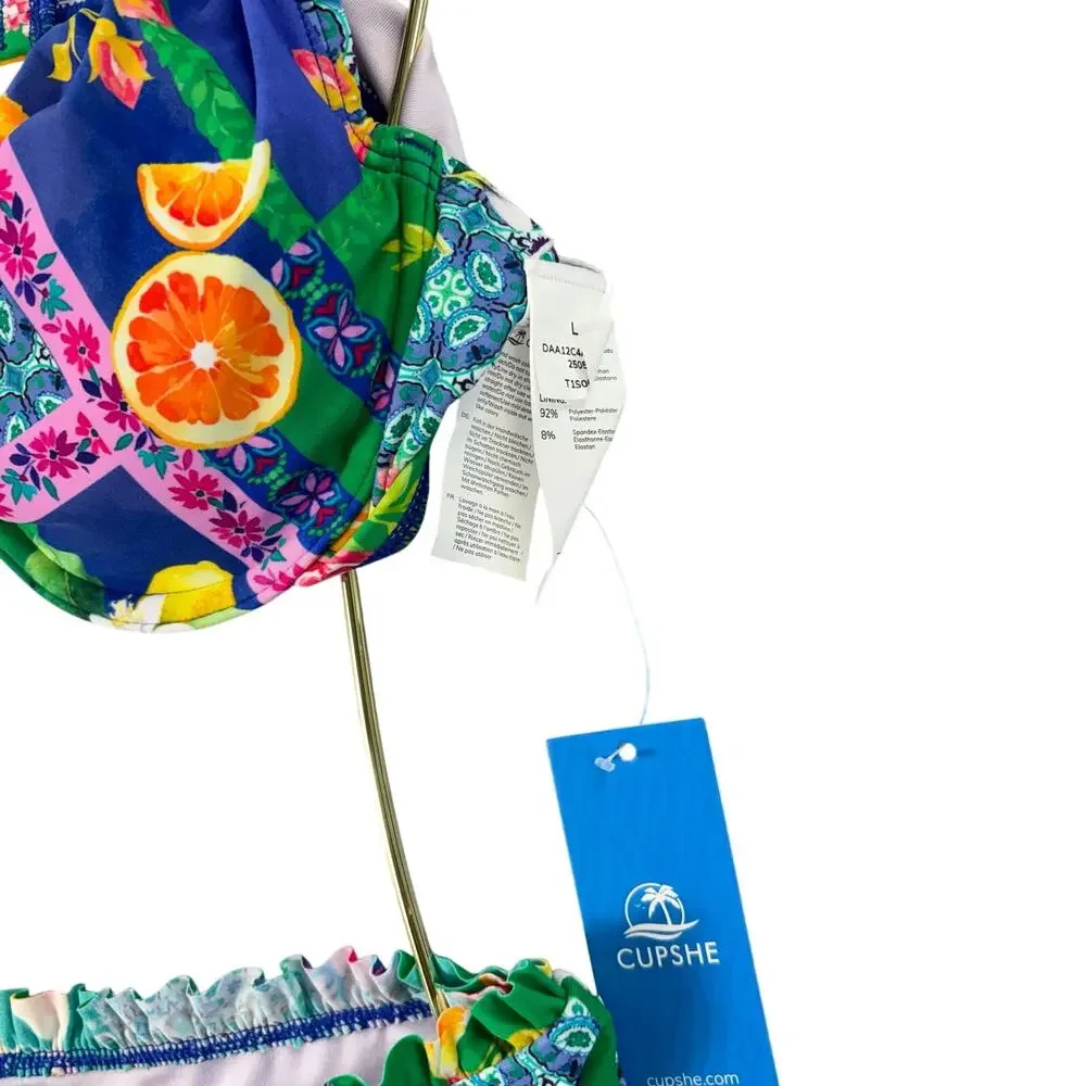 CUPSHE Citrus Floral Patchwork Swimsuit NWT Women's Large High Waist Bikini Set